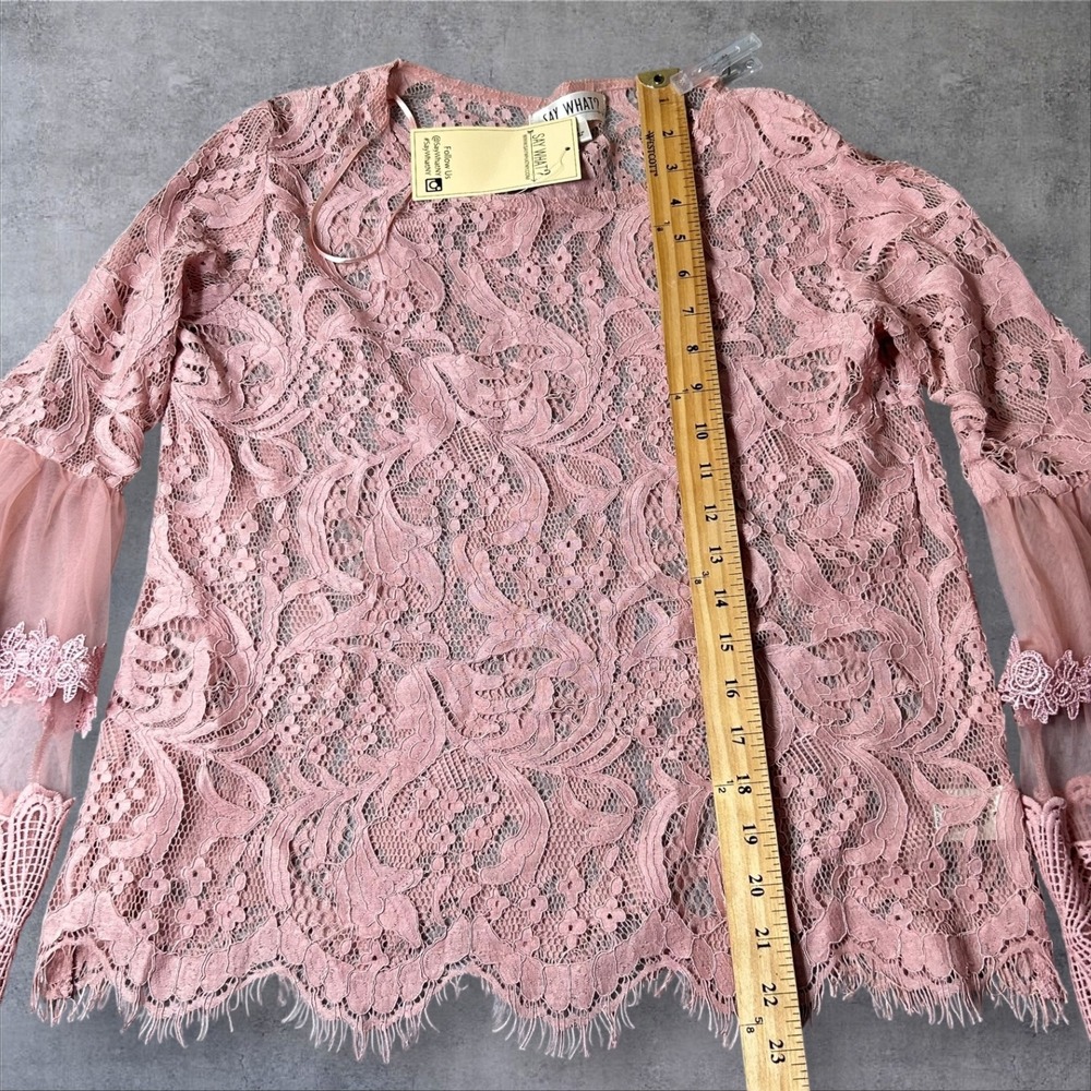 Say What Top Womens M Pink Lace‎ Bell Sleeve Sheer Romantic Feminine Elegant NEW - Picture 6 of 10